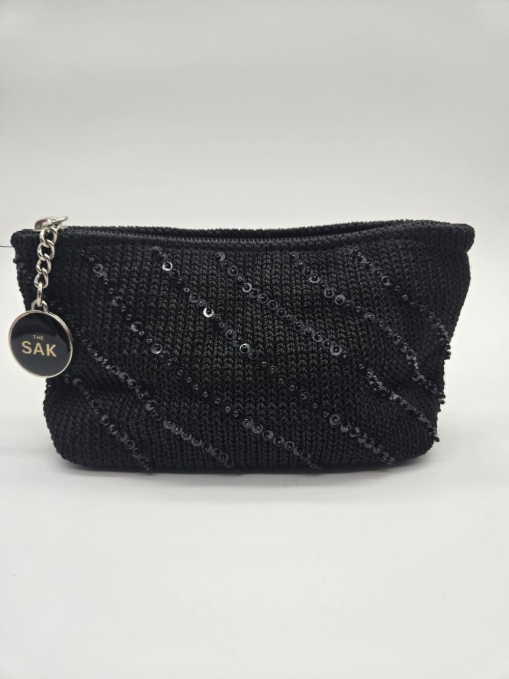 The Sak Black Crochet Sequin Cosmetic Pouch Zip Makeup Bag Clutch